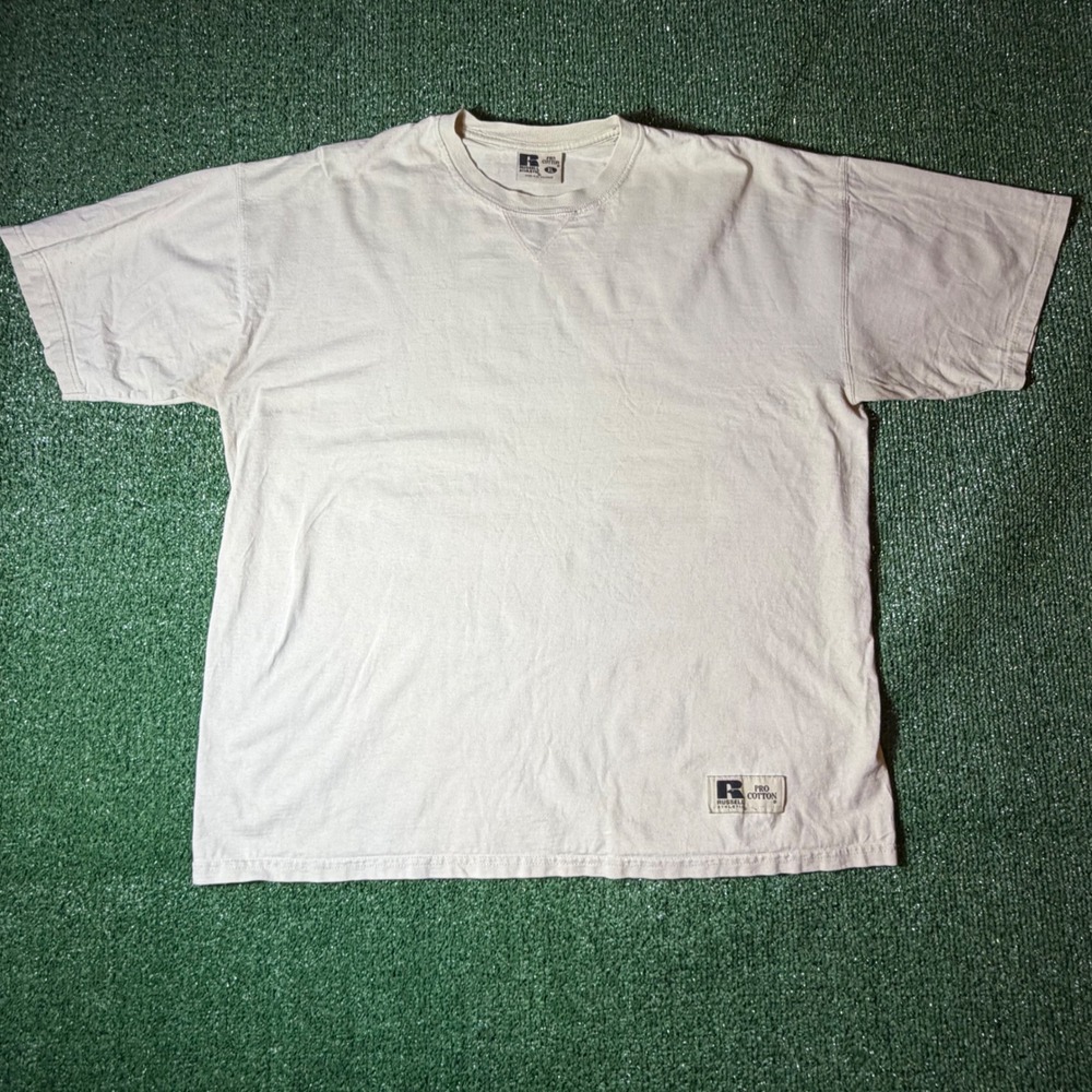 y2k Russell Athletic Pro Cotton T-Shirt Cream V-Stitch Blank Heavyweight XL 0281